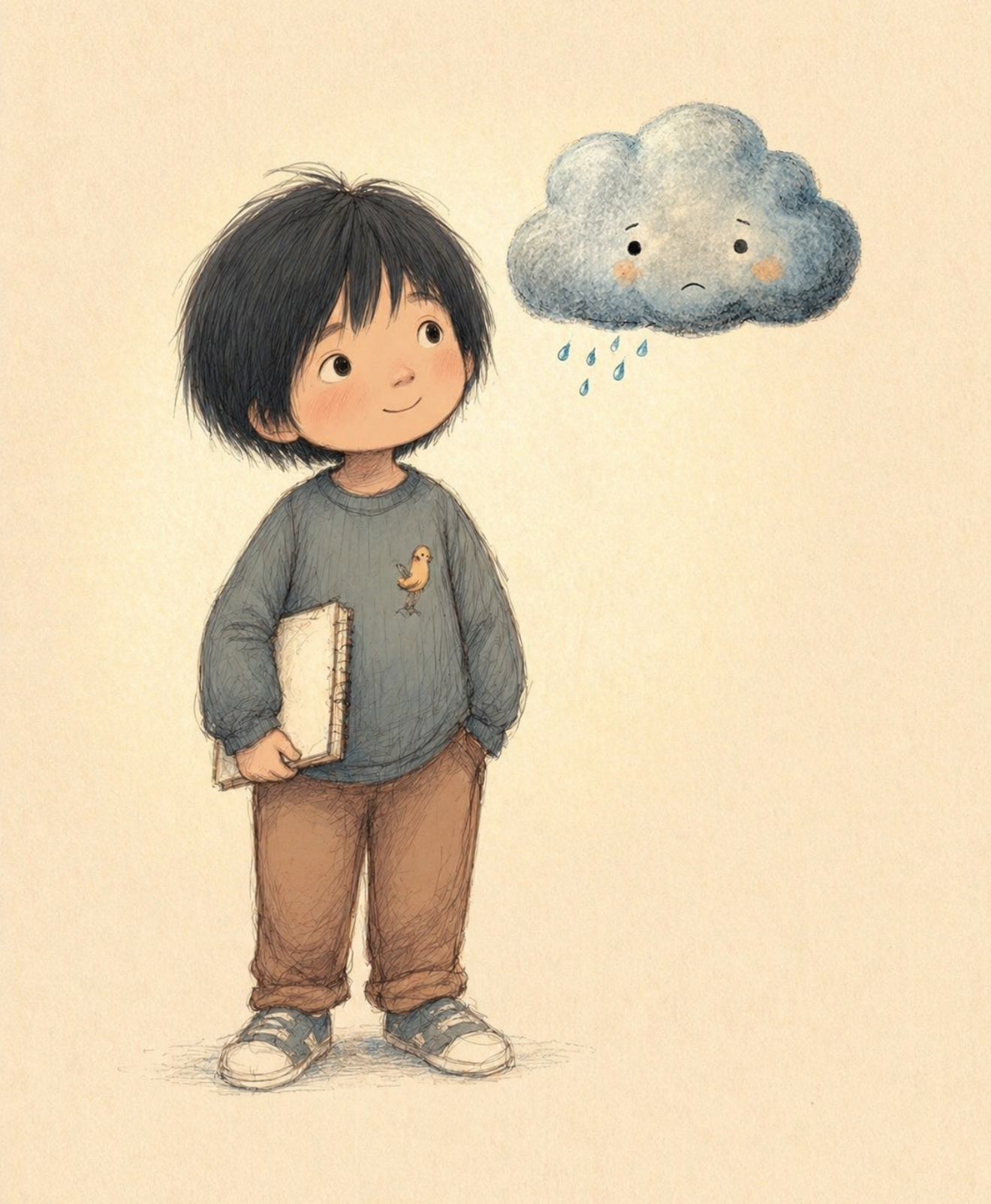 August, a Korean-American boy with shaggy black hair in a gray sweater holding a journal, with a small sad rain cloud floating beside him.