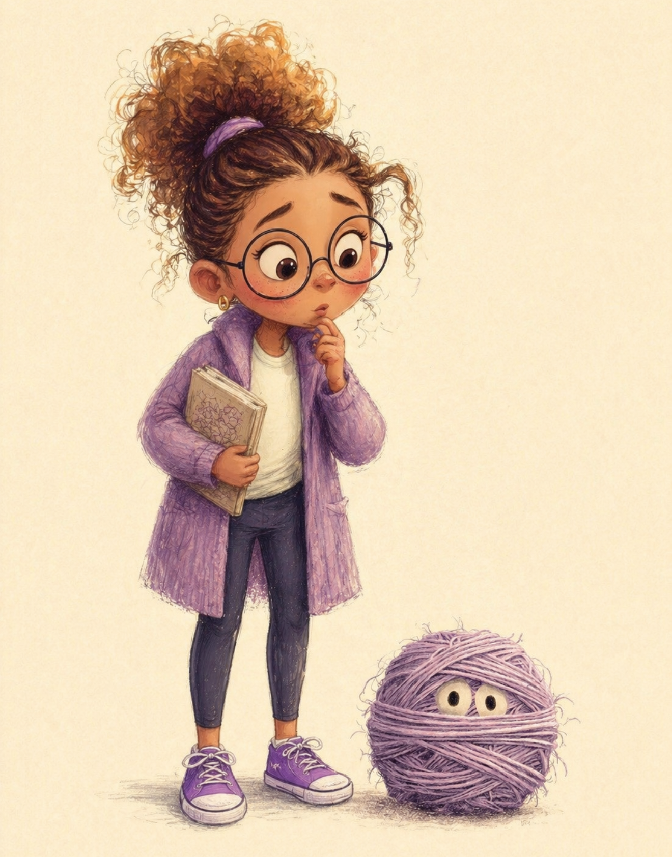 Iris, a biracial girl with curly brown hair in a high puff and round glasses, in a purple cardigan and sneakers, standing next to a tangled purple yarn ball with eyes.