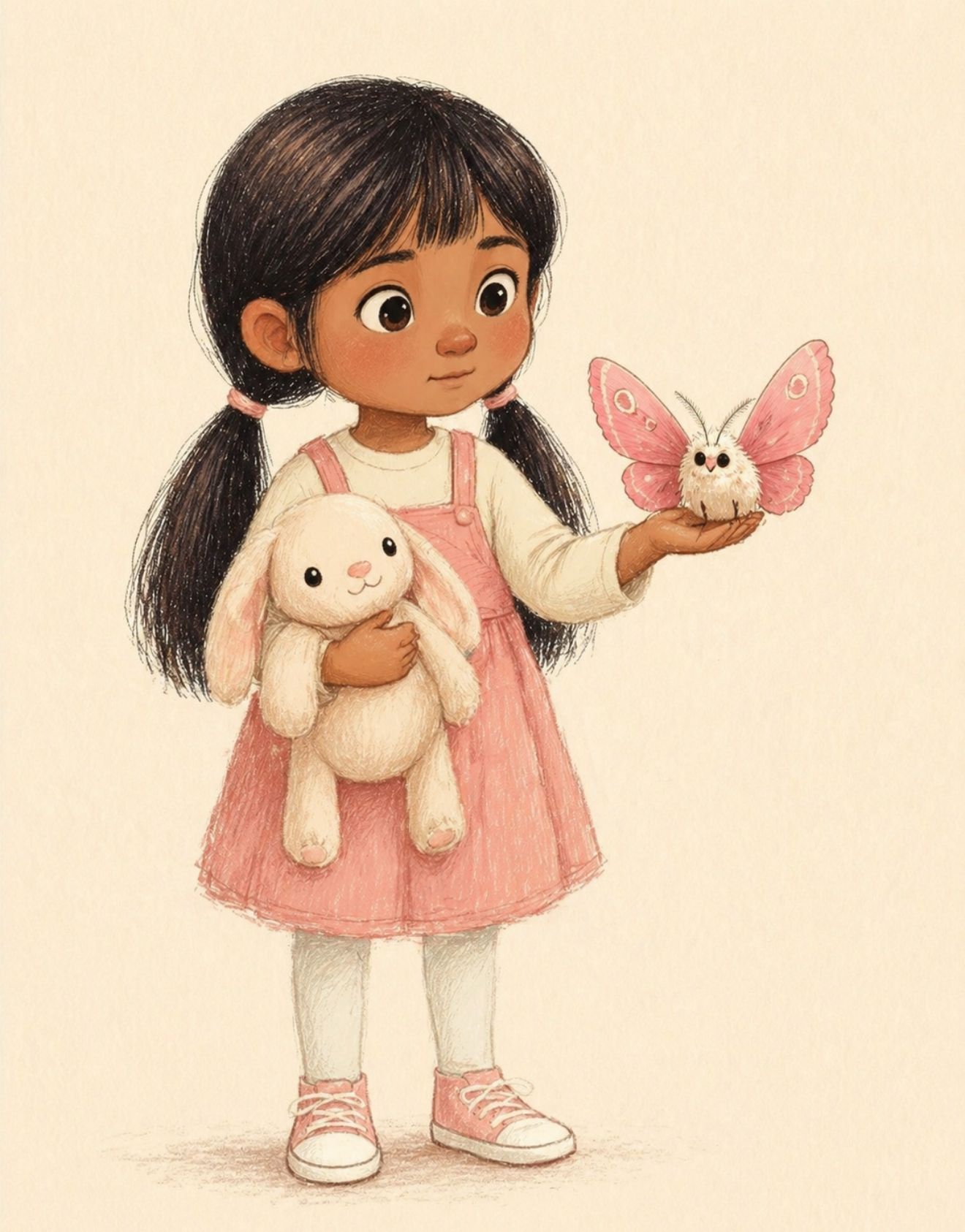 June, a South Indian girl with long black hair in pigtails, in a pink dress, holding a stuffed bunny in one arm and a pink moth gently in her open palm.