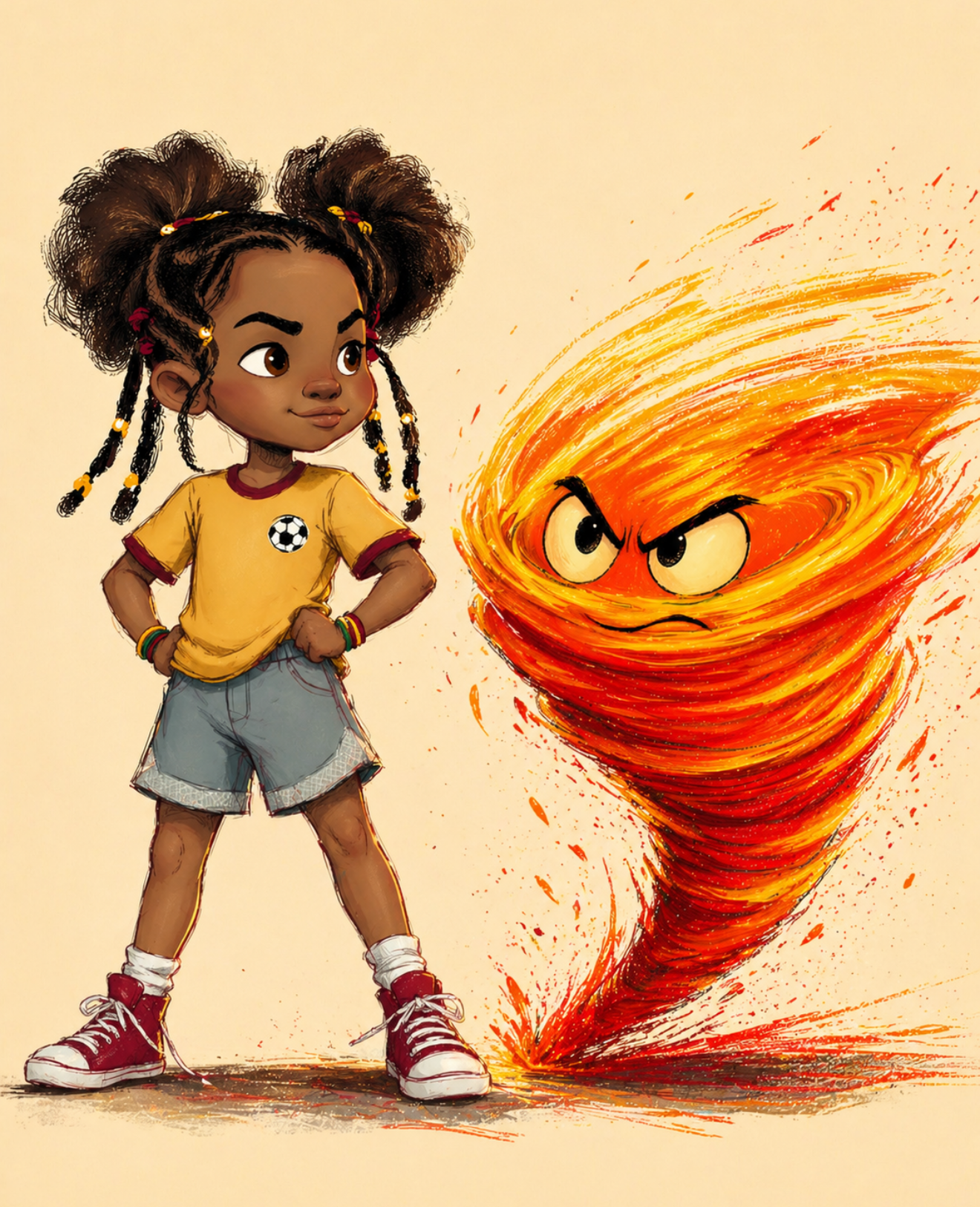 Maya, a Black girl with hair in two braided buns with red beads, wearing a yellow soccer shirt and blue shorts, standing confidently next to Zip — her fiery orange tornado.