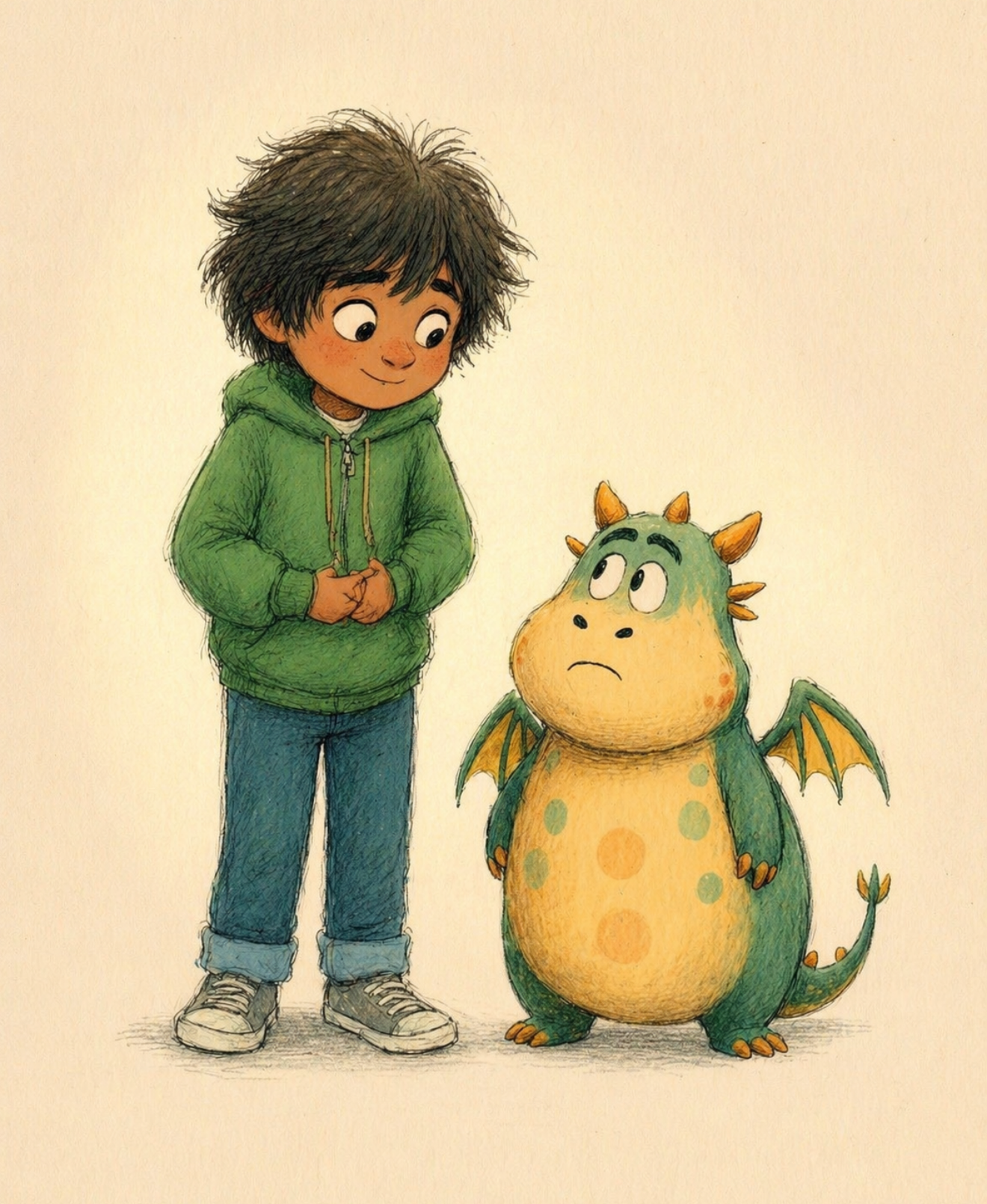 Nico, a Puerto Rican boy with messy dark hair in a green hoodie and jeans, standing next to a small green-and-yellow worry dragon.