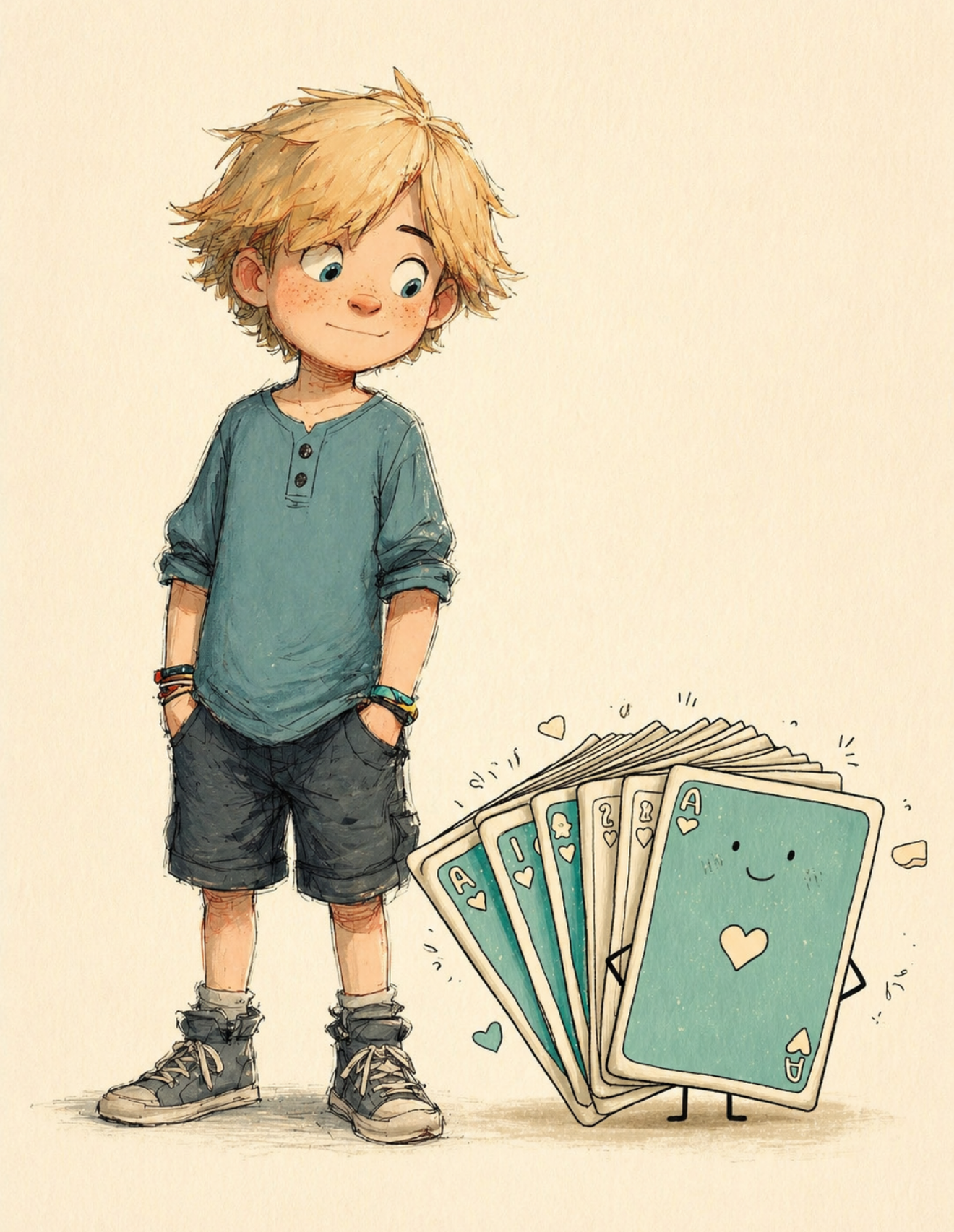 Sam, a rural white boy with messy blonde hair, freckles, in a teal shirt and dark shorts, with a fan of teal playing cards beside him.